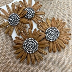 Sunflower Statement Drop Earrings in Brown with Silver Center